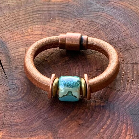 Artisan Leather Copper & Ceramic Cuff Bracelet Magnetic Closure - Picture 7 of 9